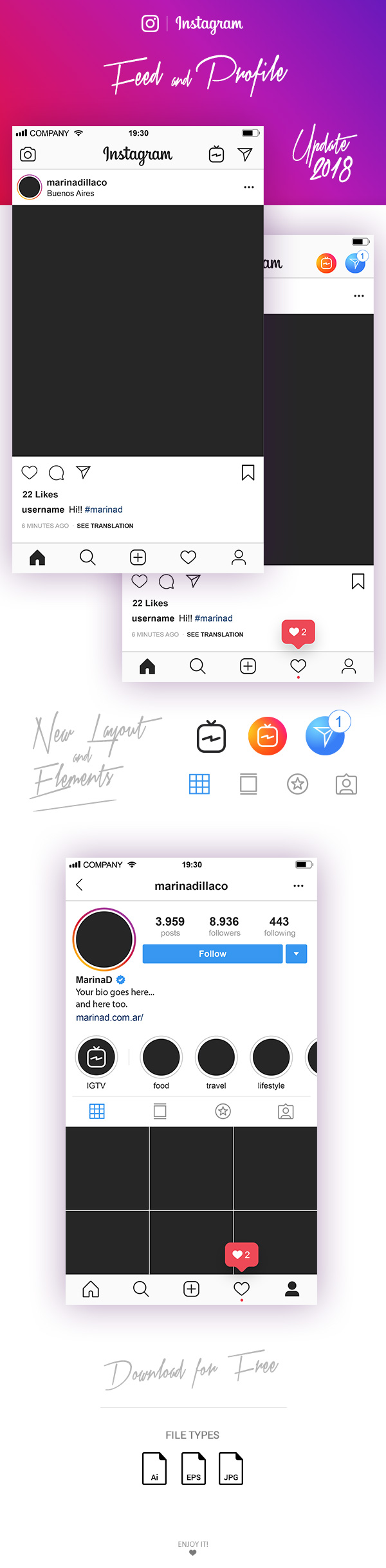 FREE Instagram Layout Feed and Profile UI – 2018 | MarinaD