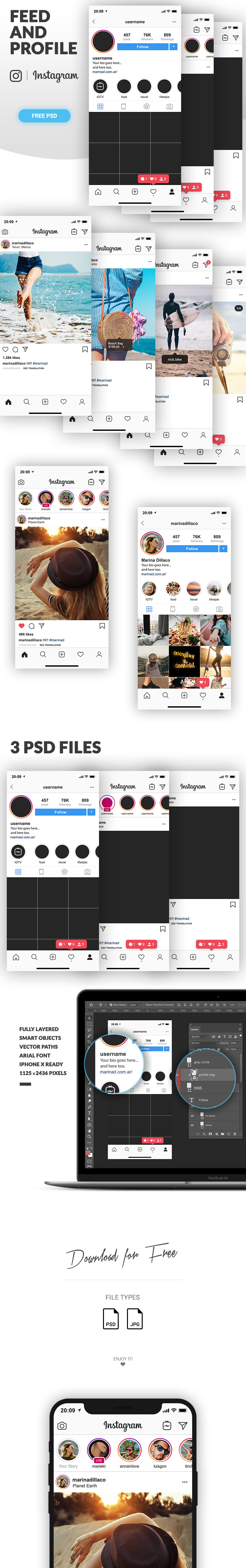 Download FREE Instagram Feed and Profile PSD UI – 2019 – MarinaD PSD Mockup Templates