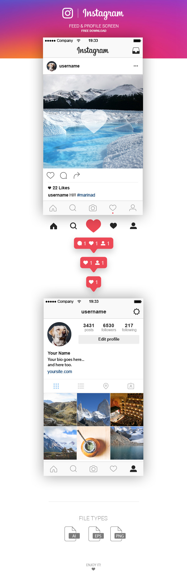 FREE Instagram Feed and Profile Screen UI – 2016 – MarinaD