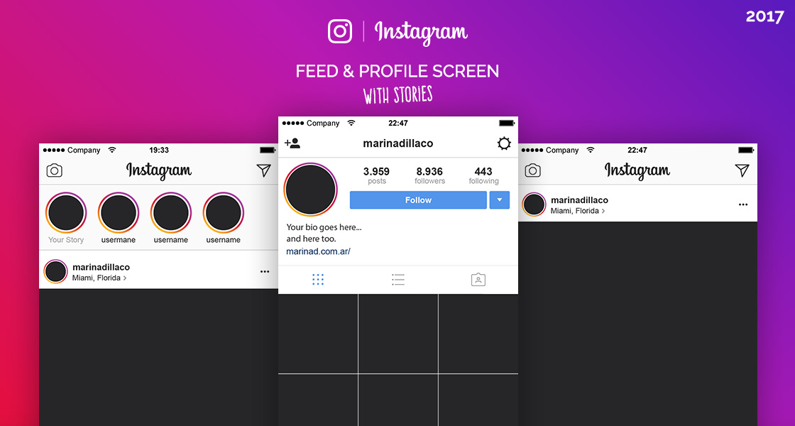 Download FREE Instagram Feed and Profile Screens UI - 2017 - MarinaD