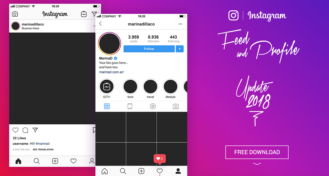 FREE Instagram Layout Feed and Profile UI – 2018