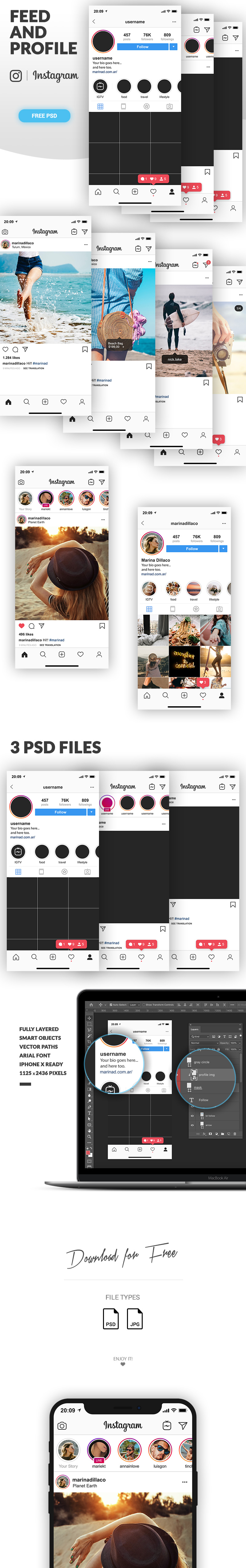 Download Free Instagram Feed And Profile Psd Ui 2019 Marinad PSD Mockup Templates